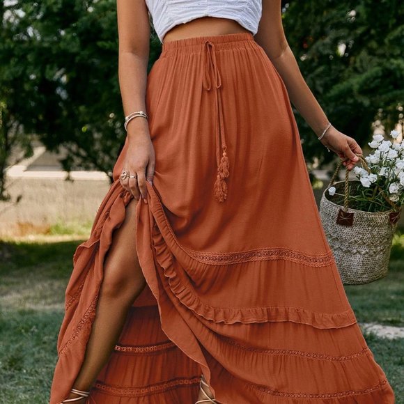 Red Boho Womens Tie Waist Ruffle Hem Skirt - Picture 2 of 5